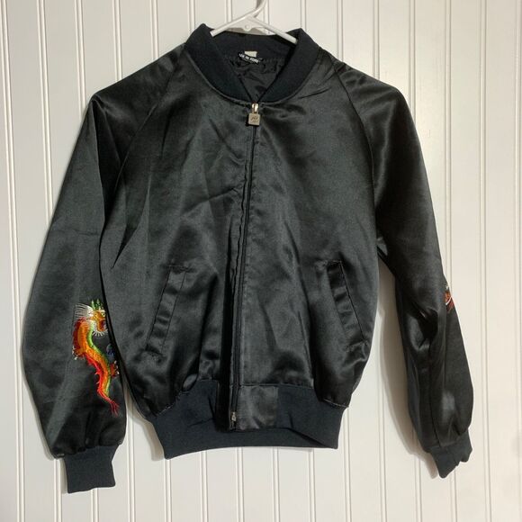 Vintage Korea Souvenir Embroidered Satin Bomber Jacket Military Style Size 13/14 - Picture 1 of 13